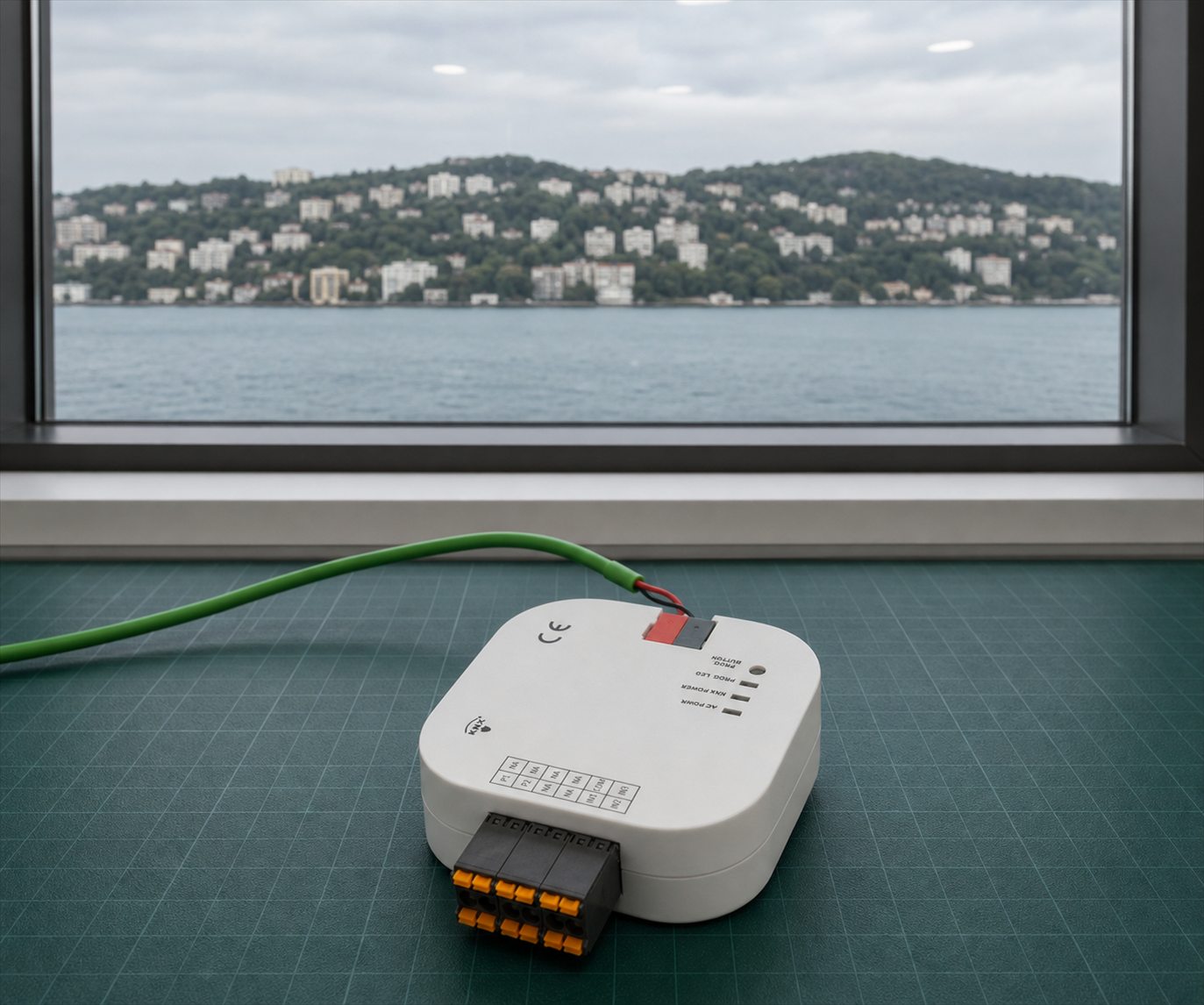 A Horizentis KNX module on the bench in the Istanbul office, the water visible through the window behind it