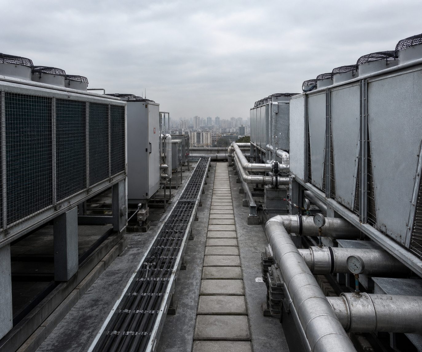 Chillers, pipework and cable trays on the mechanical plant deck of a commercial building, with the city behind