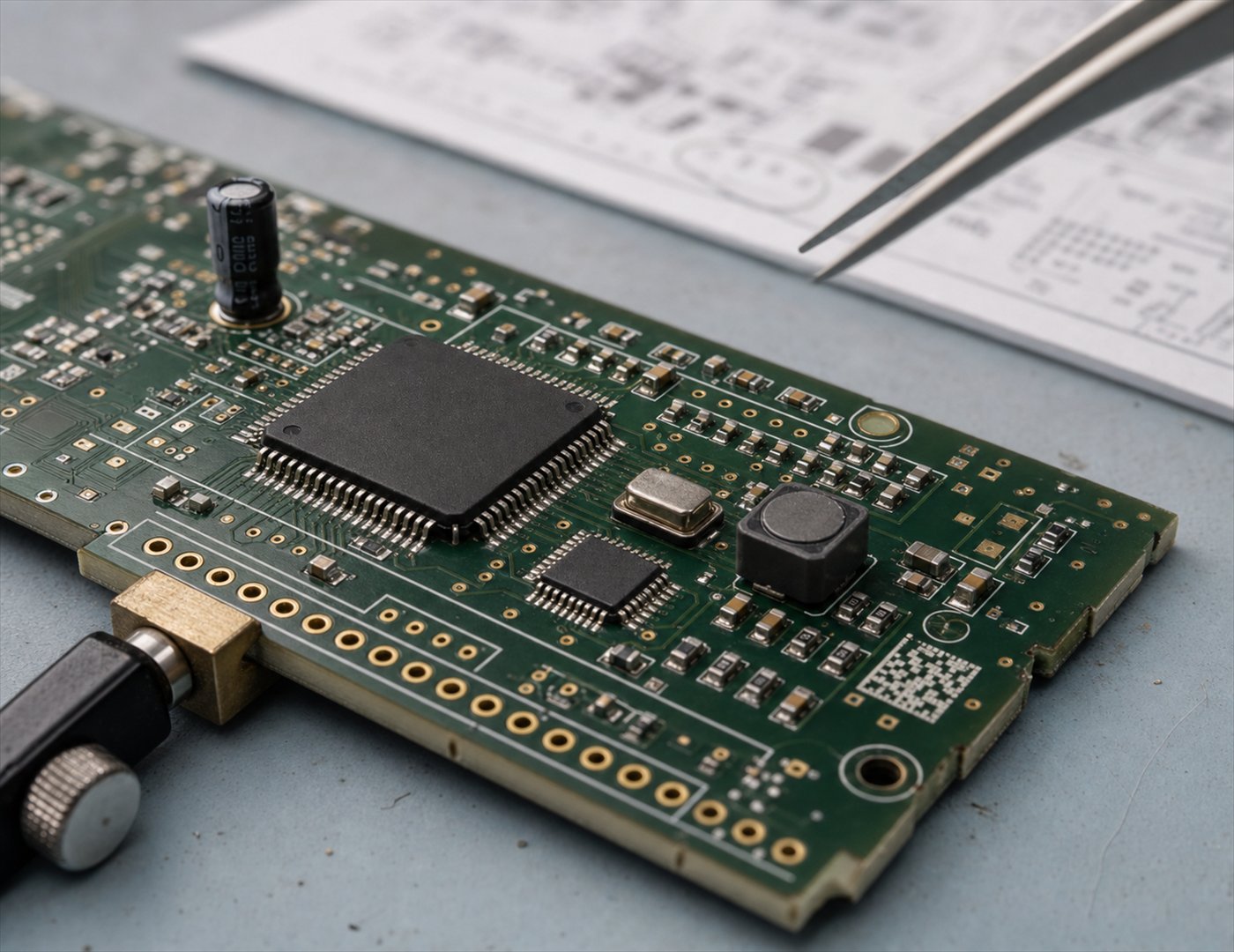 Macro view of a populated Horizentis circuit board held in a bench clamp, with the printed copper layer plot behind it